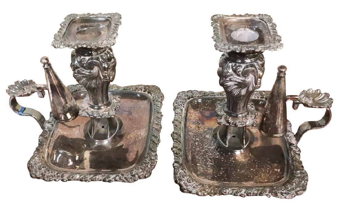 Pair Of English Scheffield Plate Chamber: Sticks With Snuffers, English 19th Century, 5 Inches High By 6 1/2 Inches Wide By 6 Inches Deep, Marked Inside The Candle Well, Fleur De Lis Number 143, From The Late Gary Elam Collection