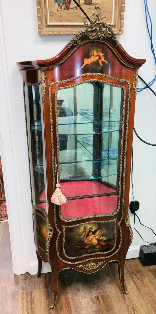 19th Century French Curio Cabinet.: Vernis Martin Design Having A Wonderfully Painted Garden Scene With Semi-nude Maiden, Winged Angel, And Crown Wreath. The Curved Crest Appointed With A Foliate Motif Bronze Spray Above A Painted Panel