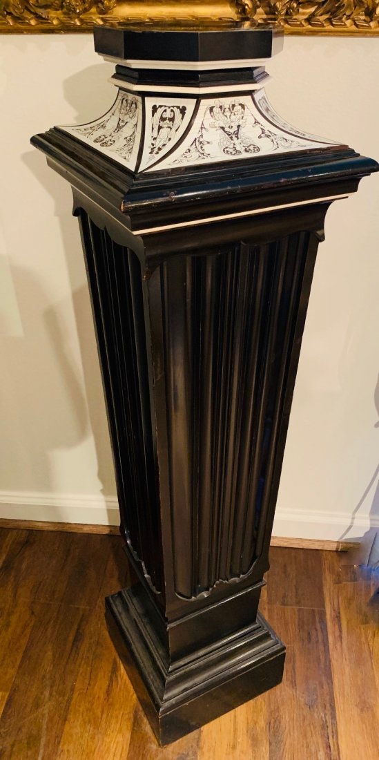 Neo Classical Ebony Pedestal.: Highlighting linen-fold panels with bone engraved decorations of classical figures. Octagonal top and tapered in form, circa 1880. 54.5H x 14.5W. The top is 9 inches in diameter.