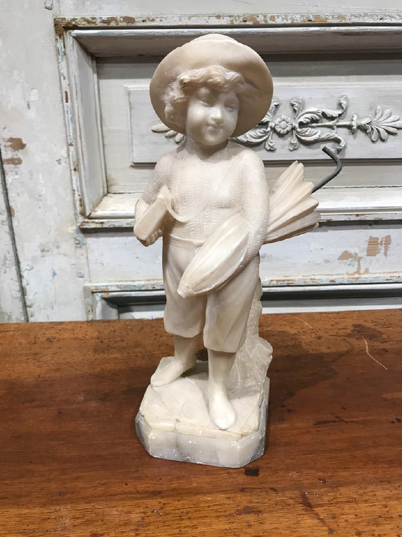 19th C. French Alabaster Figure: Boy With Umbrella. 13h
