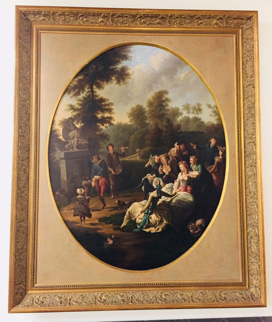 French Oil On Canvas Painting.: Superbly executed depicting a festive garden party. Friends enjoying conversation, dance, and playing musical instruments. All dressed in 19th century costume. Unsigned. Good condition. 45H x 38W over