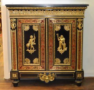 Antique French Boulle Credenza.: Exceptional Tortoise Shell And Cut-brass Inlays With Superb Bronze Trim, Accents, And Chasing. The Two Doors Featuring Highly Detailed Symbolic Images. One Of A Cherub With Telescope And World Globe,