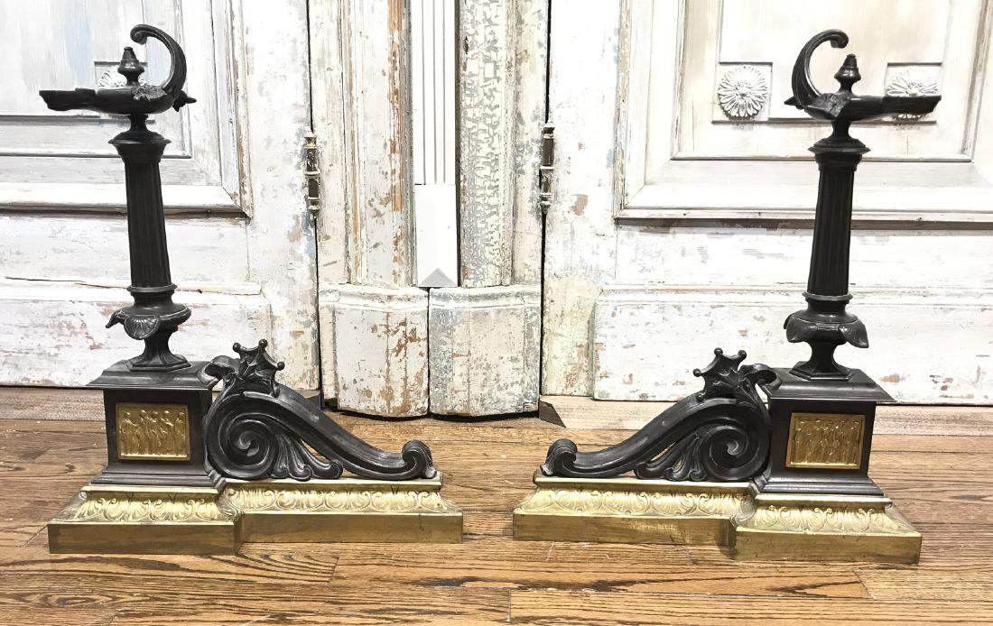 Pair Of Antique Continental Bronze Andirons: 21h x 17w each.