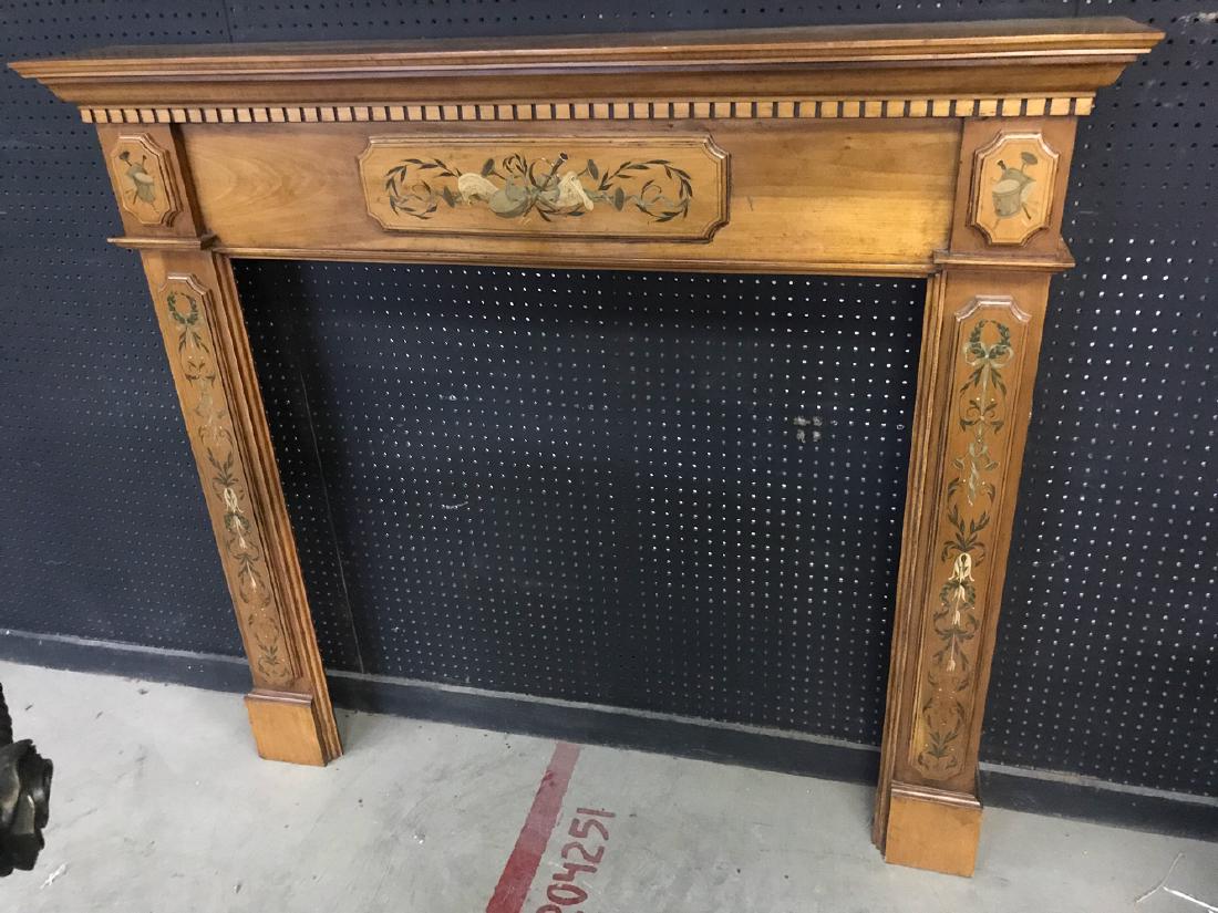 English Satinwood Mantle.: Exceptional custom-crafted fireplace surround having a dentil cornice atop shaped hand-painted panels decorated with leaf sprays, vines, ribbons, wreaths, and musical instruments. 53.5H x 58W x 9.5D.