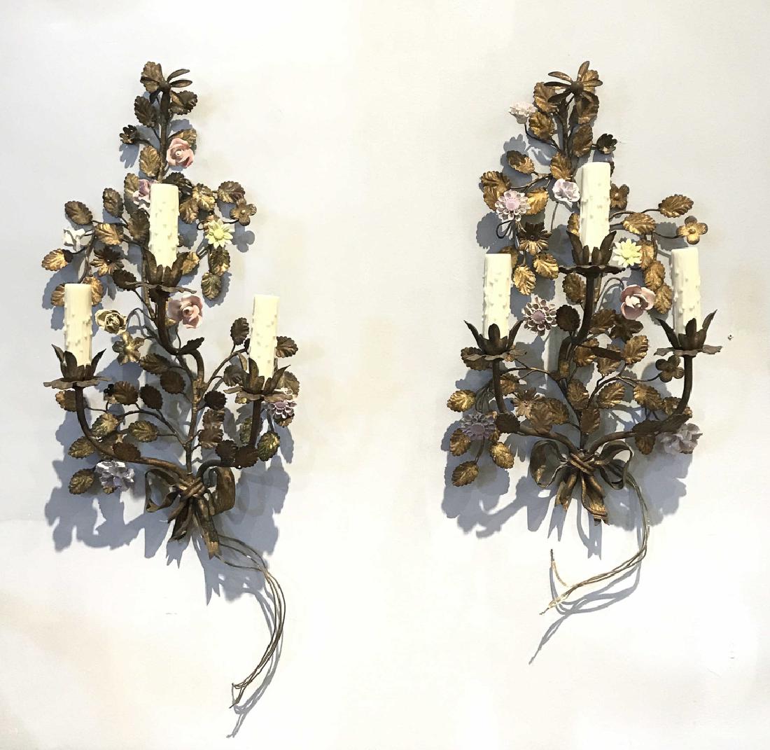 Pair Of French Tole & Porcelain Flower Sconce (1 of 3)