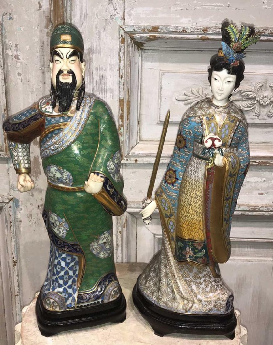Pair Of Chinese Cloisonne Figures: Pair Of Chinese Cloisonne Figures Woman And Man, Bone Hands And Face, Mounted On Stands (man's Sword Found In Later Photos) 14.5 High Good Condition, Except Woman's Finger Broken Off