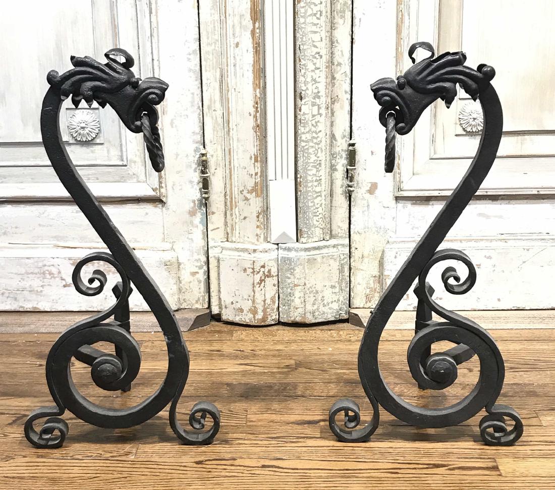 Pair Of Custom Scroll Form Heavy Andirons: 25 High
