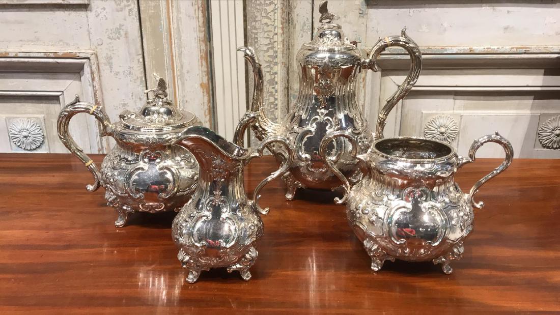 4 Piece Rococo Coffee Service: Coffee Pot And Tea Pot With Hinged Lids, Rococo Decor, Bird Finials, And Bone Heat Spacers; Open Sugar And Creamer Manufactured By Wb Mfg Co = Weidlich Brothers (american) Coffee- 11", Teapot- 9", Cre