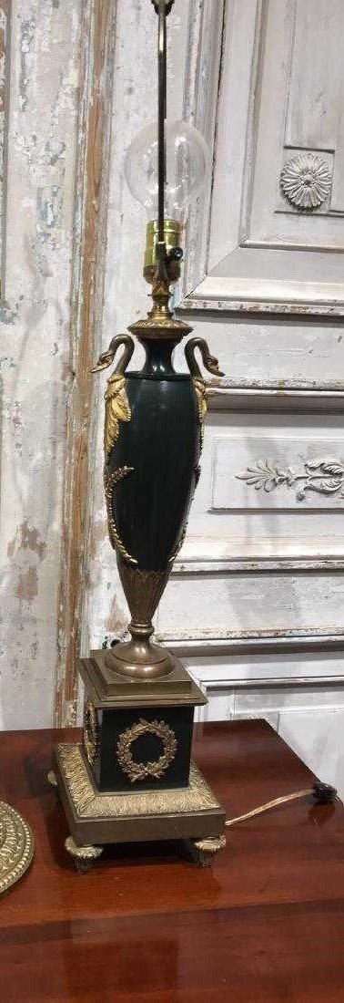Bronze Lamp: Bronze lamp. Working condition unknown Right 35 to top of harp (dark greenish black). Note this lot is for the one lamp on the right.