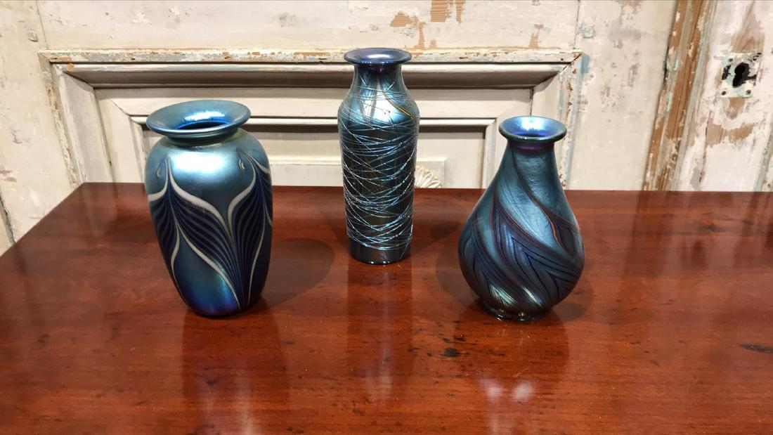 Group Of Three Iridescent Art Glass Vases By (1 of 2)