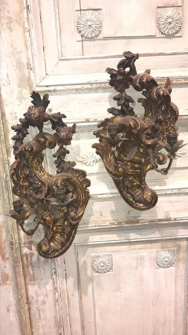 Pair Of 19th-century Italian Carved Wood Wall: Sconce, 2 light , with old gilt and paint finish, 20 in high x 10 inches wide