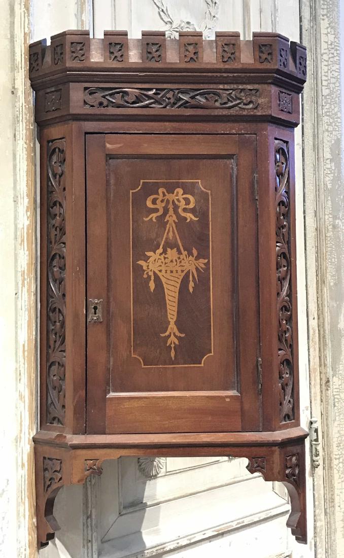 19th C. Carved And Inlaid Hanging Corner Cabinet (1 of 4)