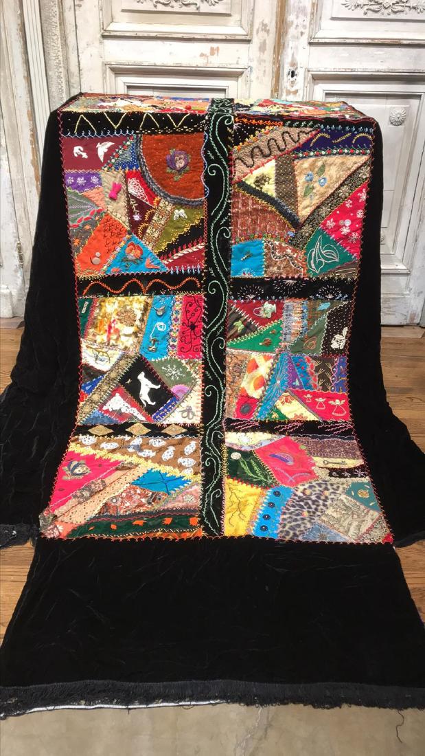 1970s Twin Coverlet: Quilted Velour And Cotton Fringed Spread Or Coverlet. Heavy Embroidery And Applique Work With Charms And Ephemera Attached. Twin Or Daybed Size See Photos For Condition.