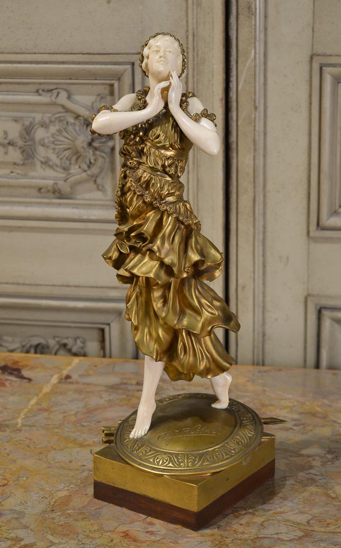 C J R Colinet, Bronze Dancing Girl.: Claire Jeanne Roberte Colinet (French 1880-1950). Notable Art Deco Bronze And Mammal Tusk Sculpture Of A Dancer. Signed In Cursive On The Terrace, C J R Colinet. 17.5H X 6 X 6. Early 20 c.