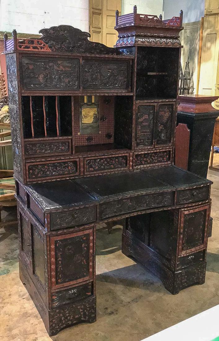 Japanese Meiji Period Secretaire Desk.: Japanese Meiji Period Carved Lacquered Secretaire. 73H, 45W, 27D. Note: This Desk Disassembles Into Four Major Components.