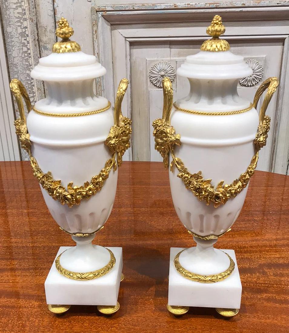 Pair Of French Alabaster Vases.: Antique Vases Featuring Highly Detailed Gilt Bronze Bacchus (God Of Wine) Masks Draped With Grape Clusters And Garland Swags. Marked On The Underneath FRANCE. Paragon Quality. Excellent Condition. 15H