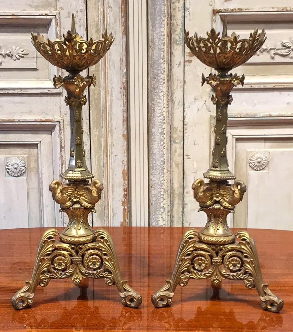 Pair Of Cathedral Altar Sticks With Bee and Swan Motif (1 of 9)