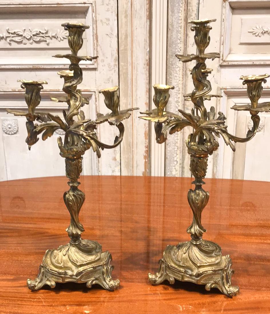 Pair Of French Bronze Candelabra.: Rococo Fashioned. 24H X 10.5W.