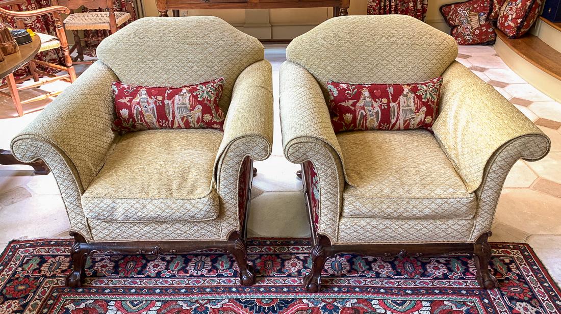 Pair Of Antique English Chairs.: Pair Of Roll-Arm Mahogany Club Chairs In The Chippendale Styling Having Colorful Fabric Panels With Flowering Landscapes, Royalty, And Wildlife. The Front Legs With Shell Carved Knees And Ball And Cla