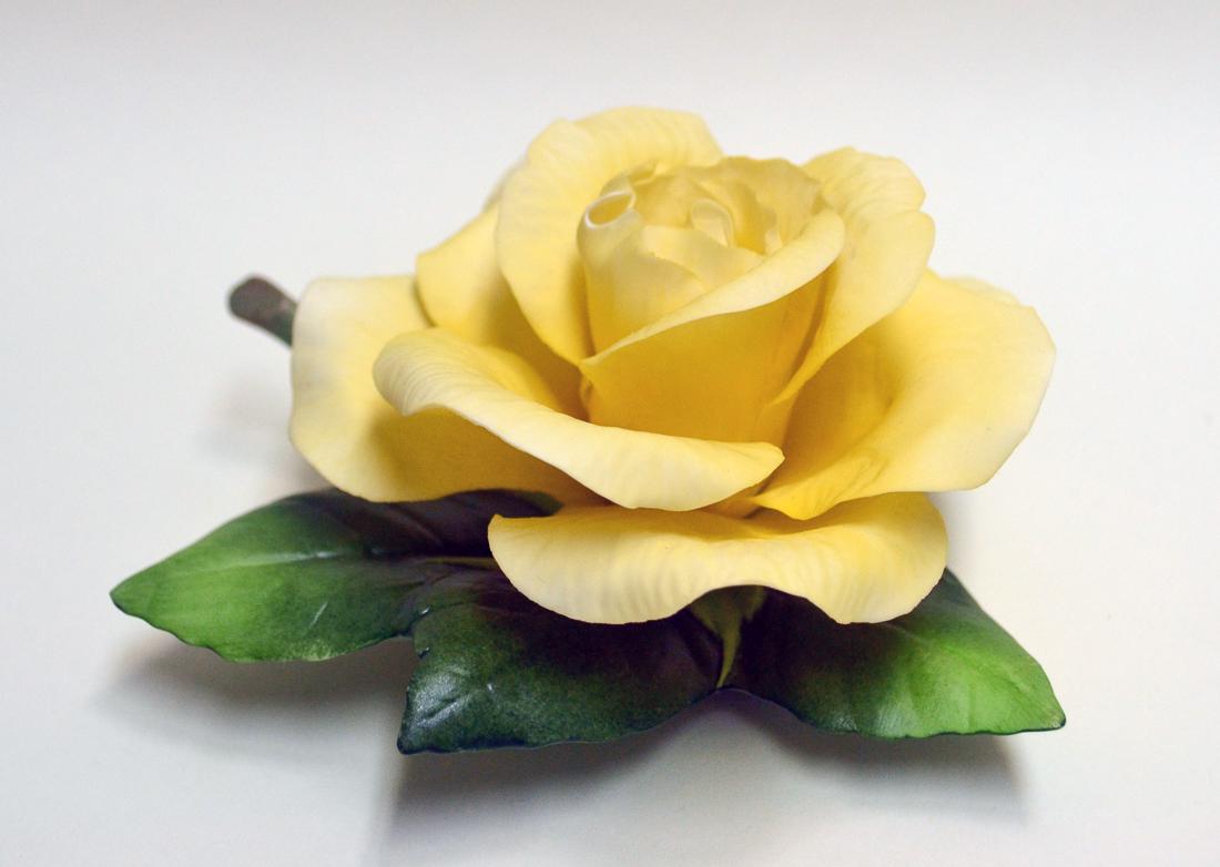 BOEHM PORCELAIN YELLOW ROSE OF TEXAS: Bisque Porcelain Decorated. Open Edition. Hand painted. Hallmark: F318Y. 2 1/2"H x 5"W x 5”D