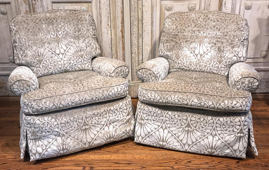 Pair Of Upholstered Recliners.: High-End, Like New. 37H X 37W X 33D.