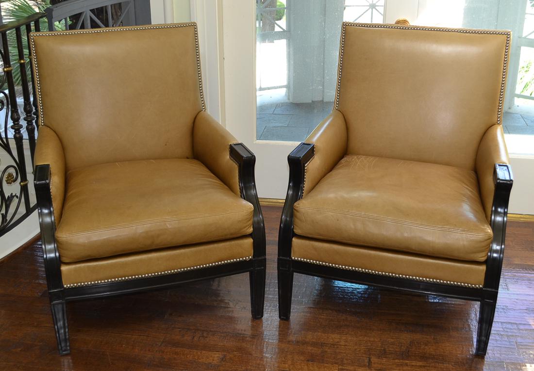 Pair Of Leather Armchairs.: Mahogany Frames With Brass Nail Head Trim. Top Quality. See Photos For Condition as some wear is evident. One seat will need repair 33 X 30 X 38H.