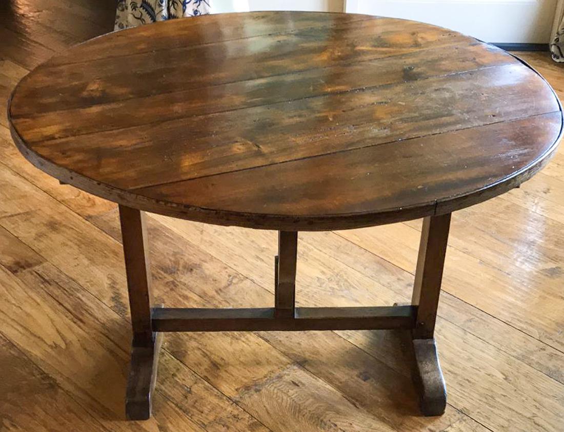 Provincial Tilt-Top Wine table.: Wonderful Patina, Normal Wear And Scuffs, Structurally Sound. 40 Dia. X 26H.