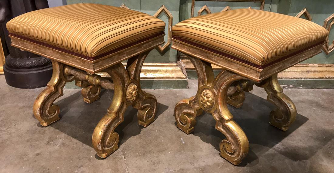 Dennis And Leen Upholstered Stools.: Silk Tops On Gold Patinated Contoured Legs And Stretchers. 20th Century. Excellent Condition. 18W X 16.5 X 19H.