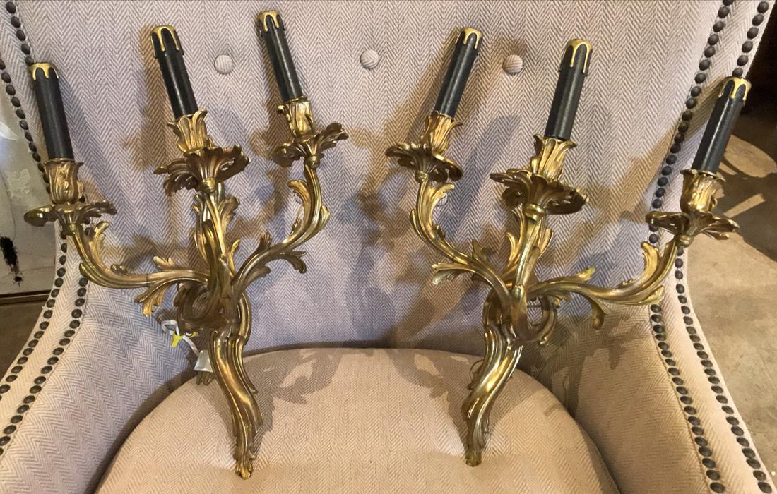 Pair Of Italian Bronze Sconces.: Foliate Inspired Gilt Bronze Wall Sconces, Circa 1890. 18H X 5.5W.