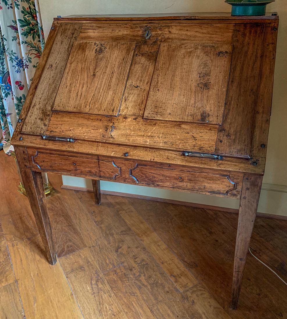 18th C. Country French Bureau.: Crafted Of Chestnut Or Elm With Fine Old Faded Patina. Retains The Original Hardware, Circa 1720. 36W X 25D X 42H.
