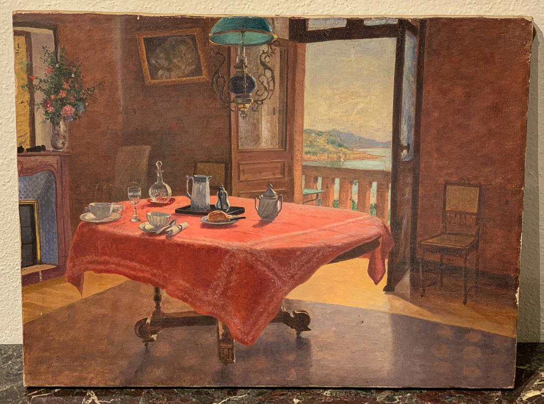 Antique French oil on canvas - interior scene (1 of 5)