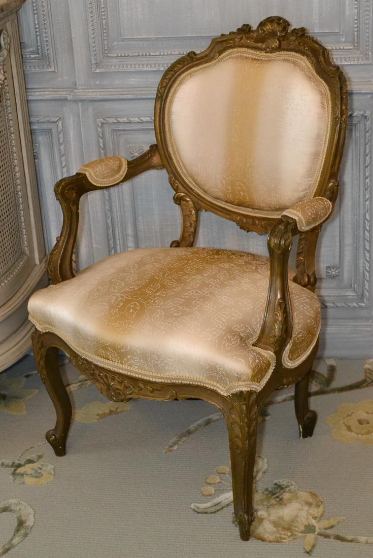 Antique French Louis XV Armchair.: Carved Giltwood And Upholstered. Resting On Cabriole Legs And Whorl Feet. 38H X 26W.