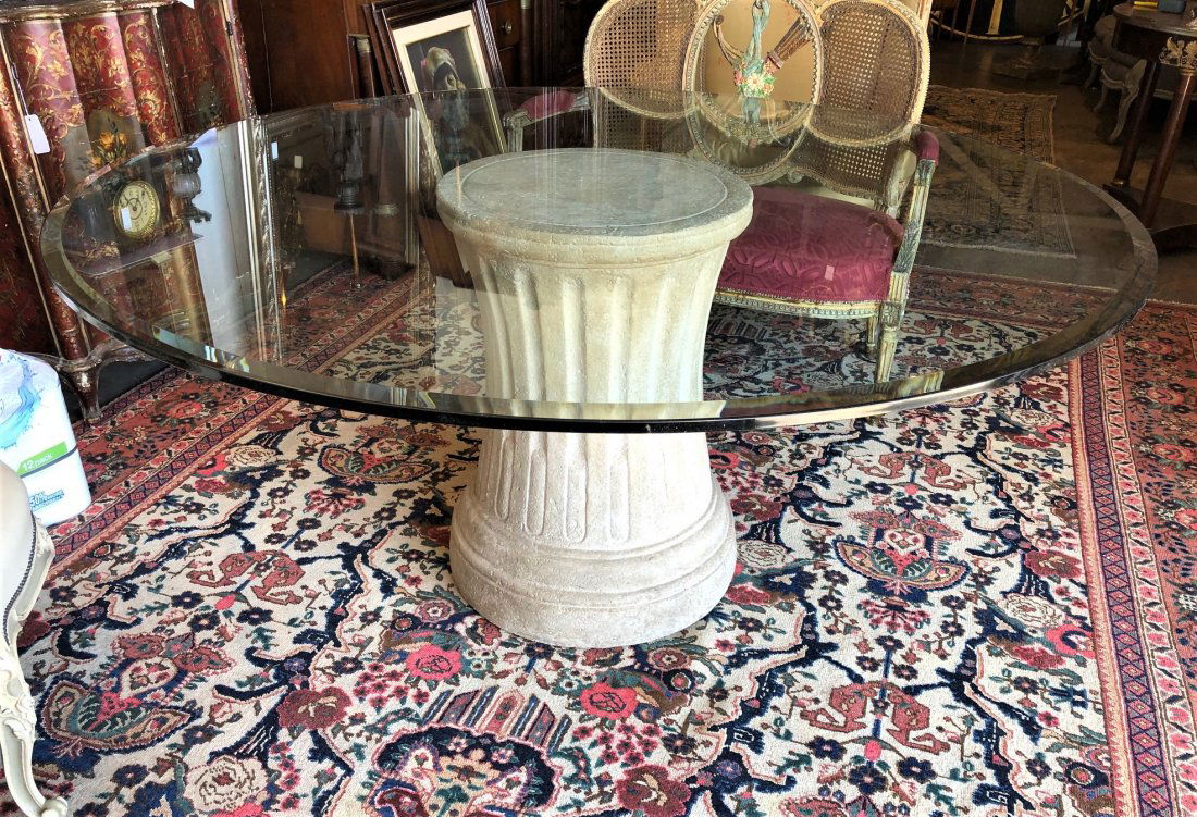 Glass top table with cast stone base (1 of 2)