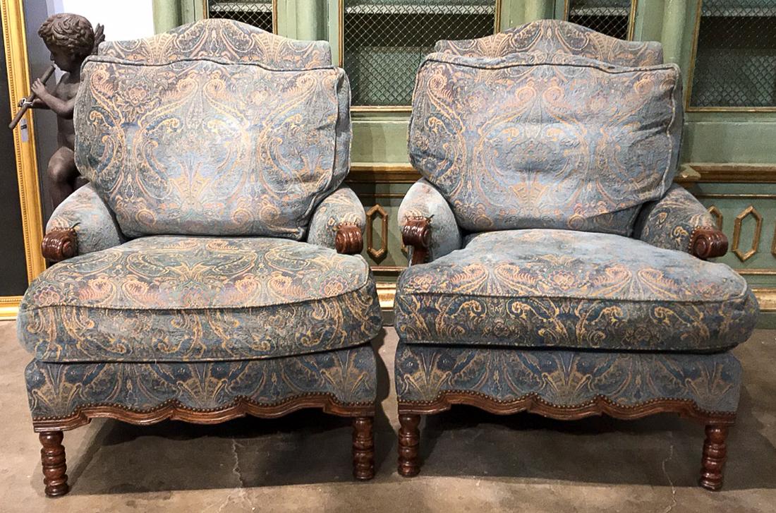 Pair Of Upholstered Armchairs: 20th Century. High Quality. Nicely Carved And Very Plush Seating. Excellent Condition. 32 X 28 X 42H. From A Plano, Texas Mansion.