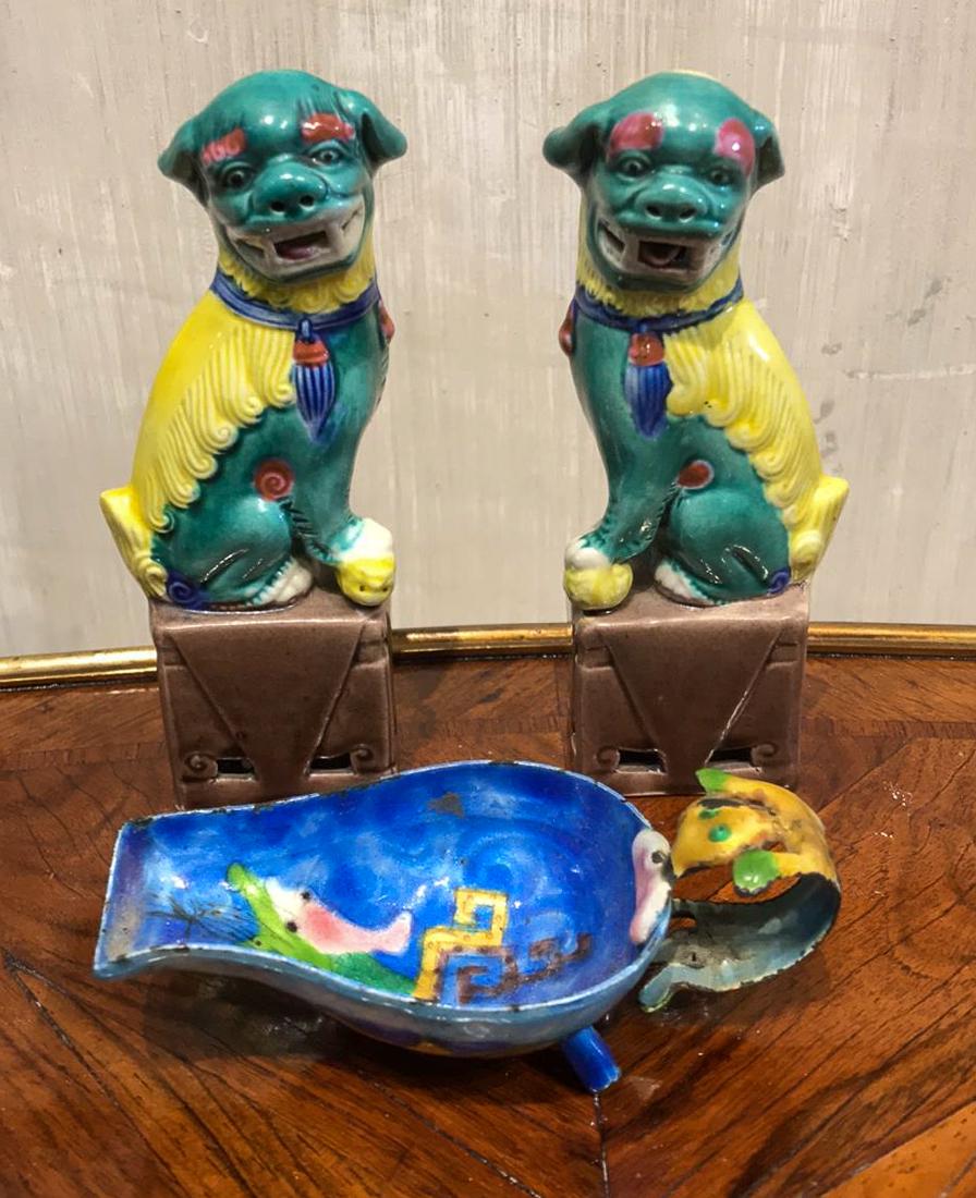 Pair Of Small Foo Dogs: 5 Inches High. Includes Oriental Enamel Scoop See Photos