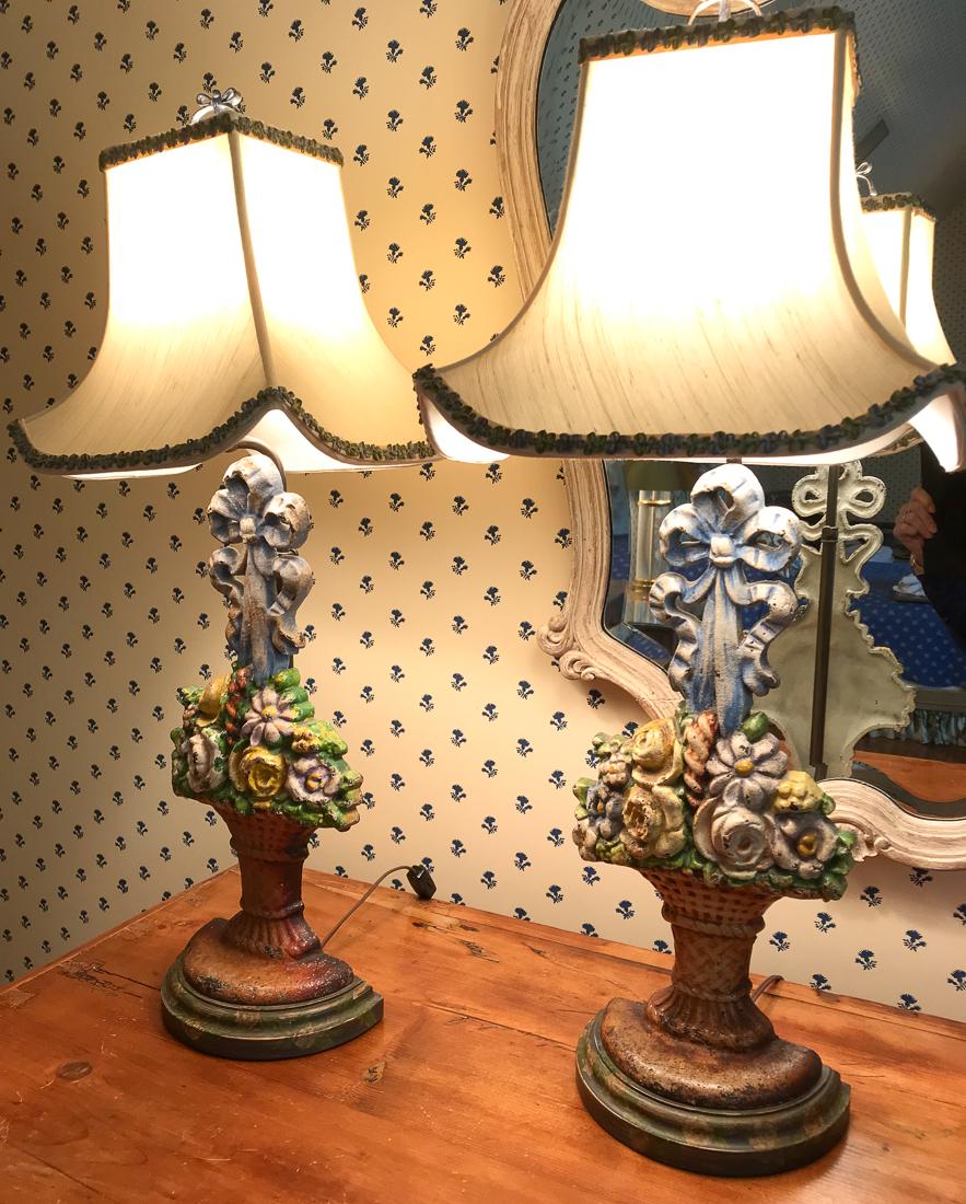 Pair Of Antique Doorstop Lamps.: Two Floral And Ribbon Motif Iron Doorstops Fitted And Wired As Lamps. Good Working Condition. 17H.