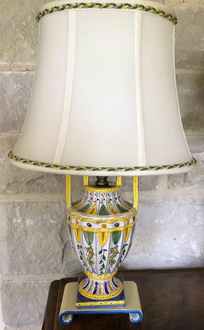 French Faience Lamp With Shade.: Glazed Earthenware. Colorfully Hand-Painted, 14 High. Working Condition Unknown.