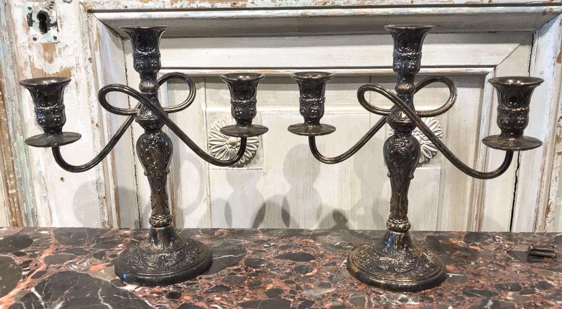 Pair Of Candelabra By Rogers.: Heavily Embossed Silver Plate. Three Light. 10 X 10.