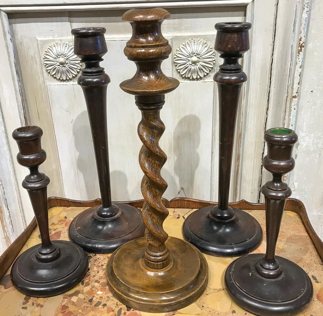 5 English Candlesticks.: Four Mahogany And One Oak Barley Twist Candlestick. 13 High. Good Vintage And Antique Condition.