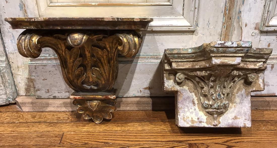 2 Brackets: One Giltwood 14 X 14.5 And One Cast Stone See Photos