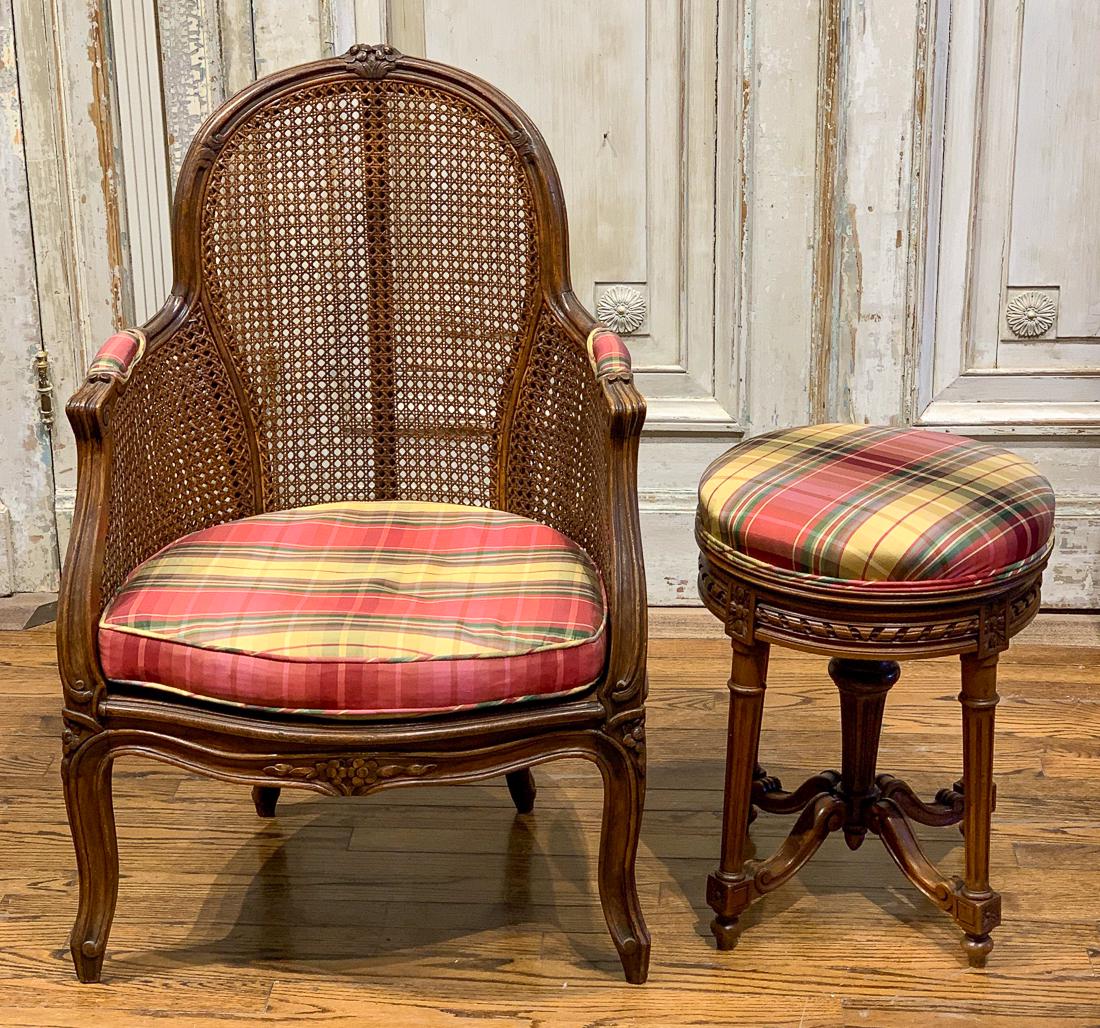 French Caned Armchair & Stool. (1 of 6)