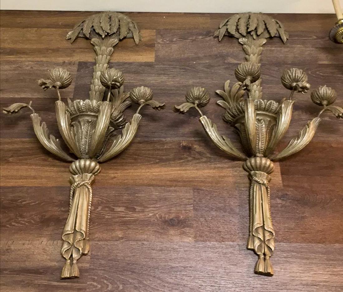Pair Of Carved Wood Sconces.: Unique Palm Tree Motif With Sash And Tassels. 36 X 16. One Bobeche Missing.
