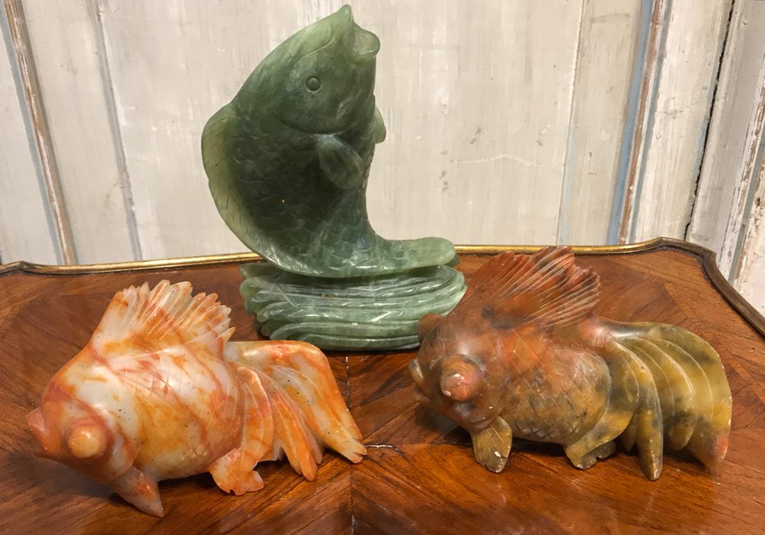3 Chinese Jade And Hard Stone Fish: 6.5 H See Photos