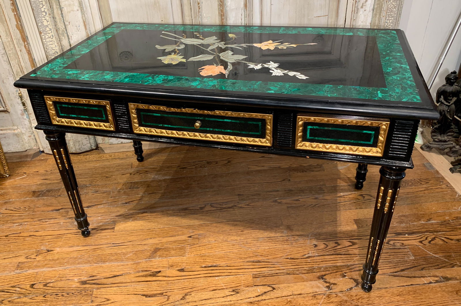 Superb Italian Center Table/desk: With Black Marble And Malachite Inlays With Specimen Marble Floral Inlays; 20 Th C. 50 W X 27 D X 30 H