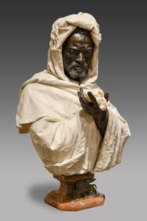 Pietro Calvi, Milan, Italy (1833-1885) Bust: Marble And Bronze Depiction Of Othello, Executed Circa 1870 In Milan, A Museum Worthy Work Of Art. 36 x 31 x 22 bust, 42 x 15.5 companion pedestal (lot 24a). Incredible Sculpture Includes Rare