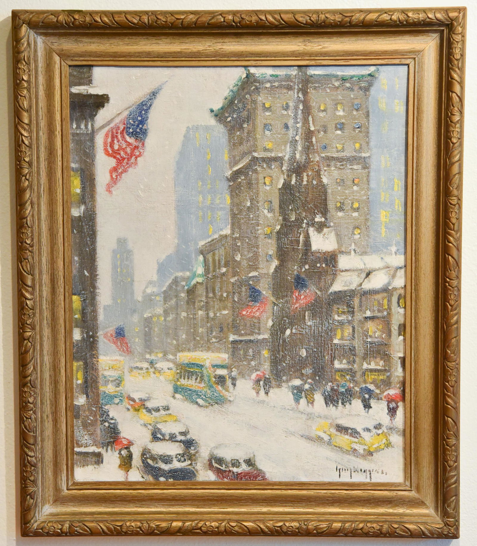 Guy Carleton Wiggins, American 1883-1962: Oil On Panel Of New York Street Scene; Winter At 57th And 5th, Signed Front And Back; Dated 1948. Catalogue Raisonné for the complete works of Guy Carleton Wiggins. GW001197 http://www.guycwiggins.co