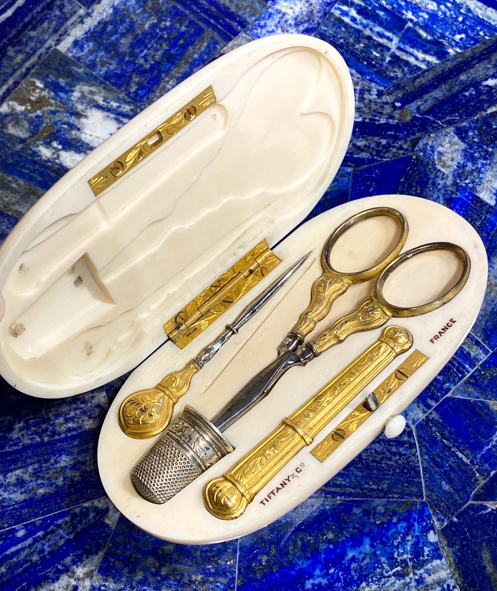 Rare Tiffany Bone Necessaire Sewing Kit C1880: Solid Case Contains 18k Gold Mending Tools. Condition Is Excellent; Set Is Complete Except Original Needle. 4.75 X 2.5