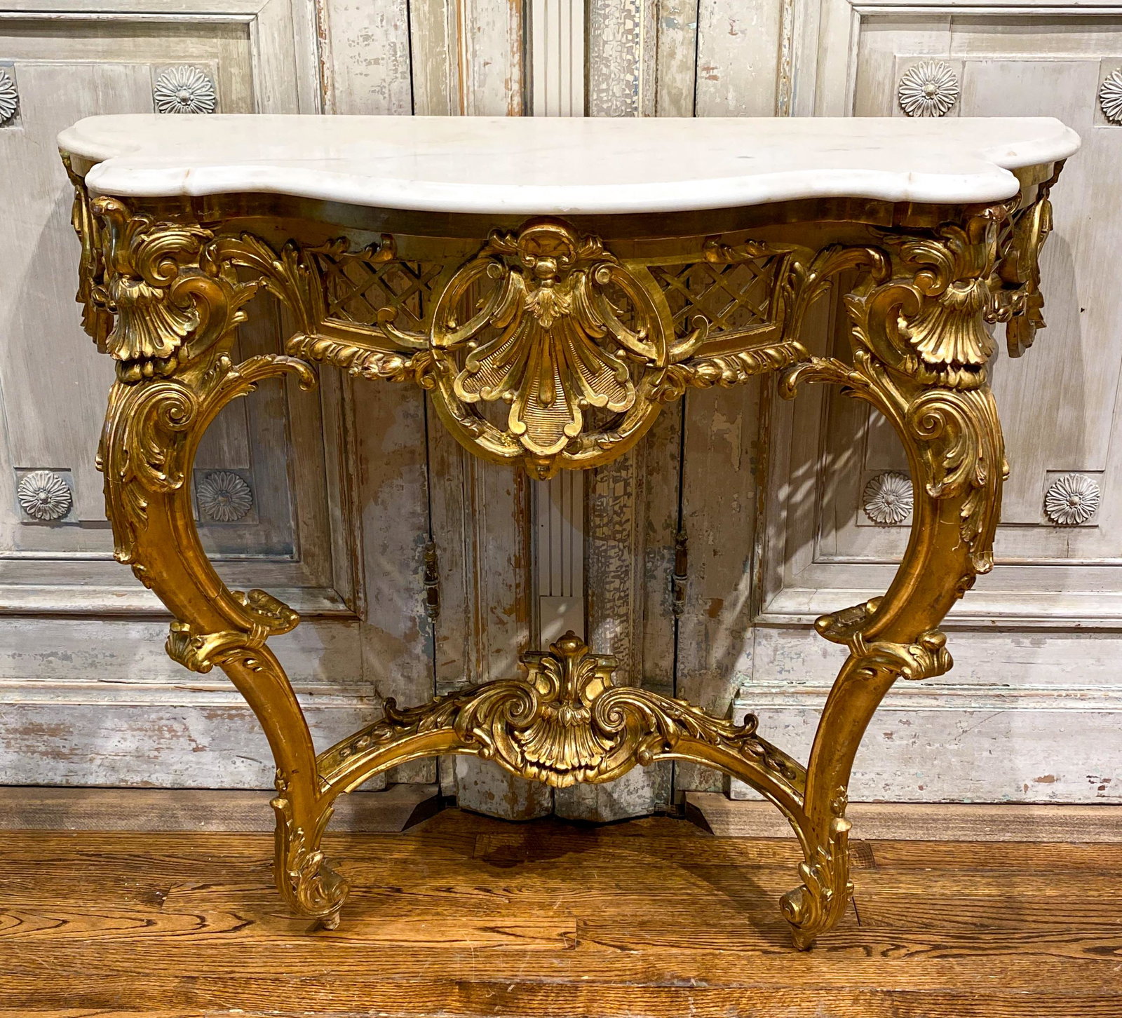 19th C. French Louis XV Gilt Wood Console: With White Carrara Marble Top, Good Condition 43.5x36.5x19d