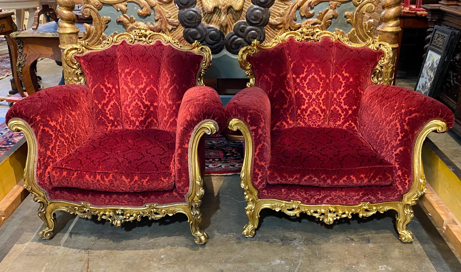 Superb Pair Of French Baroque Gilt Bergeres: Carvings And Custom Upholstered, 19th C 33x38x34.5