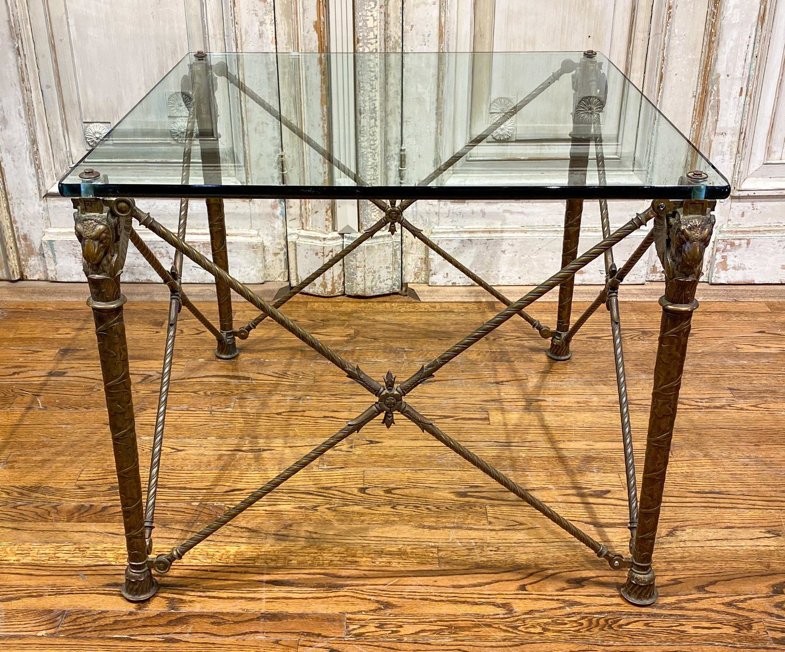 Bronze Empire Style Ram's Head Glass-top Table: 36x36x29.5 Heavy And Sound.